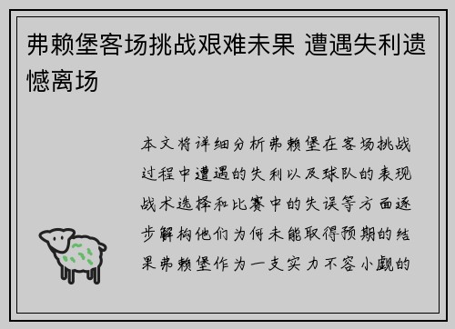 弗赖堡客场挑战艰难未果 遭遇失利遗憾离场