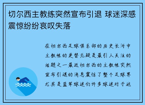 切尔西主教练突然宣布引退 球迷深感震惊纷纷哀叹失落