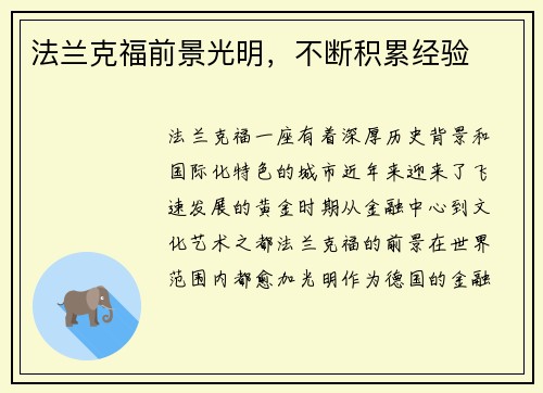 法兰克福前景光明，不断积累经验