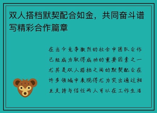 双人搭档默契配合如金，共同奋斗谱写精彩合作篇章