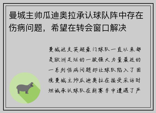 曼城主帅瓜迪奥拉承认球队阵中存在伤病问题，希望在转会窗口解决