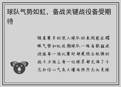 球队气势如虹，备战关键战役备受期待