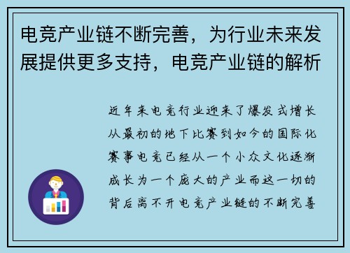电竞产业链不断完善，为行业未来发展提供更多支持，电竞产业链的解析