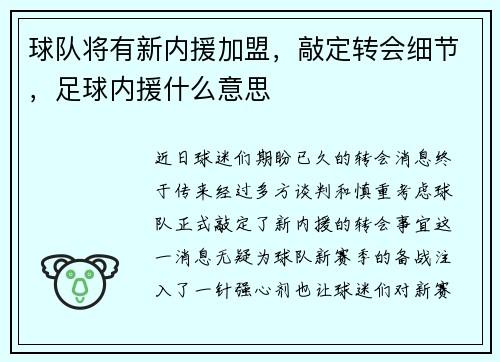 球队将有新内援加盟，敲定转会细节，足球内援什么意思