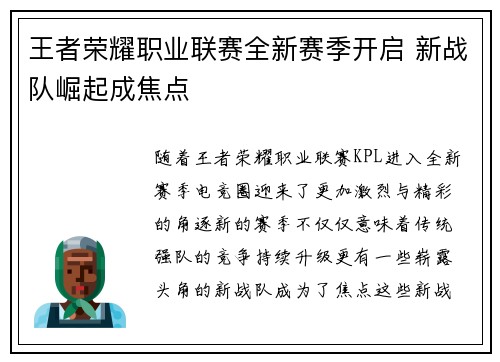 王者荣耀职业联赛全新赛季开启 新战队崛起成焦点